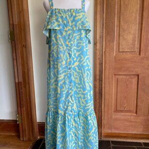 DEREK LAM Collective Blue Yellow Scribble Ruffle Midi Spaghetti Strap Dr…